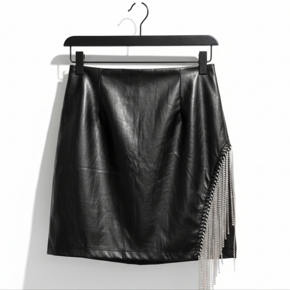 Windsor Black Faux Leather Mini Skirt Chain Fringe Asymmetrical Medium